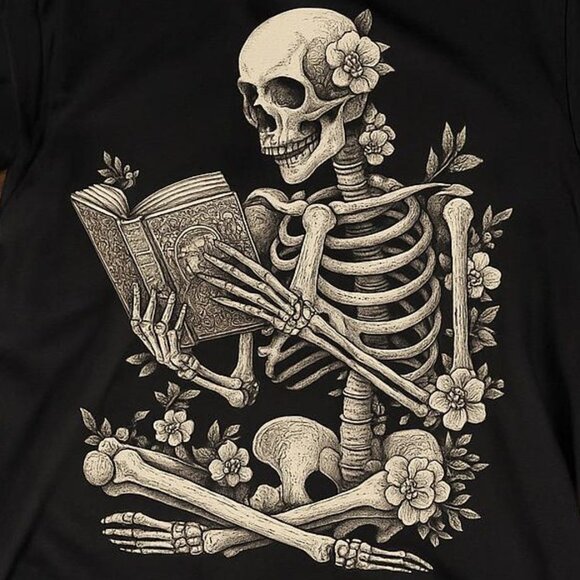Halloween Skeleton Read Book Flowers Shirt - Picture 2 of 4